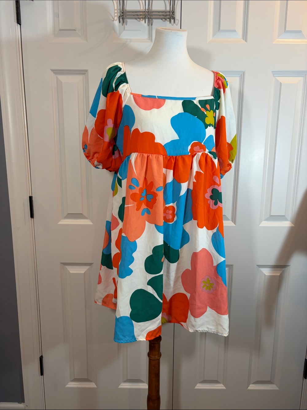 Impressions White Mini Dress with Bold Orange, Blue & Green Floral Print